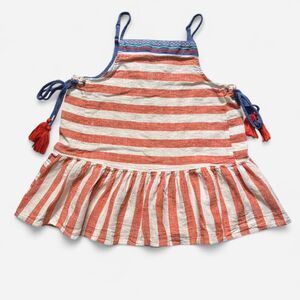 Coral and White Striped Babydoll top with Blue Detailing and Side Ties (Size S)